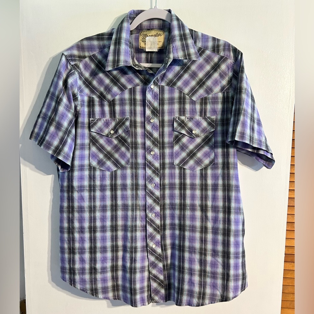 Vintage Wrangler Shirt Mens Large Western Pearl Snap Plaid Purple Black White